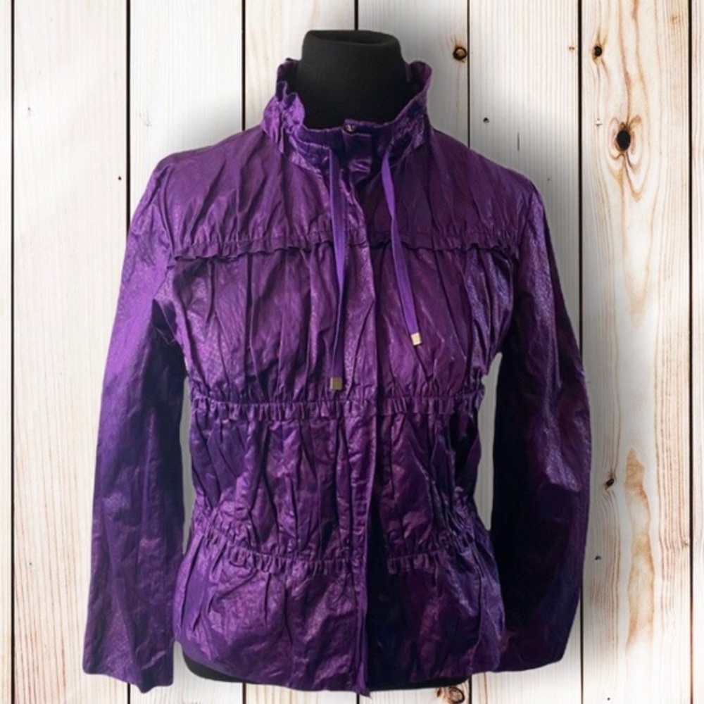 Chico's Women’s Windbreaker Rain Jacket Purple Animal Print Size 1 EUC